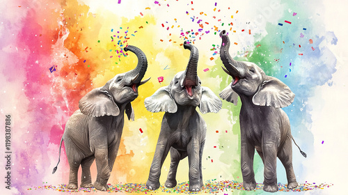 Obraz na płótnie The image features three elephants with their trunks raised, blowing colorful confetti into the air w salonie