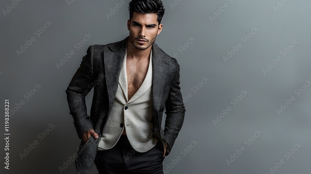 Fototapeta premium Handsome Man Model Posing in Stylish Suit Jacket