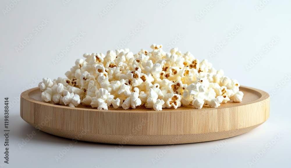 A wooden plate filled with popcorn A wooden plate filled with popcorn