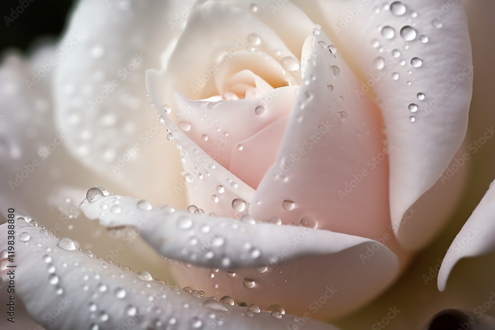 Fototapeta premium Extreme macro of white rose petals with dew drops & fine veins. Hyper-realistic, dreamy background —perfect for Valentine's, love themes & floral art.