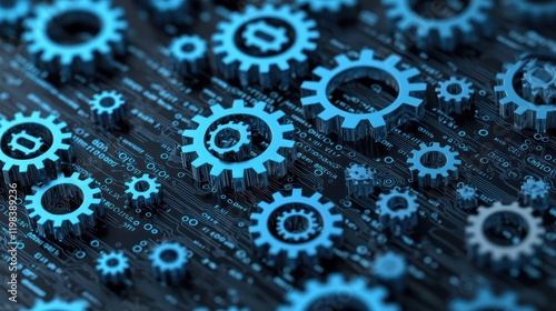 A close-up view of blue gears on a dark background, symbolizing technology, mechanics, and innovation in a digital environment.