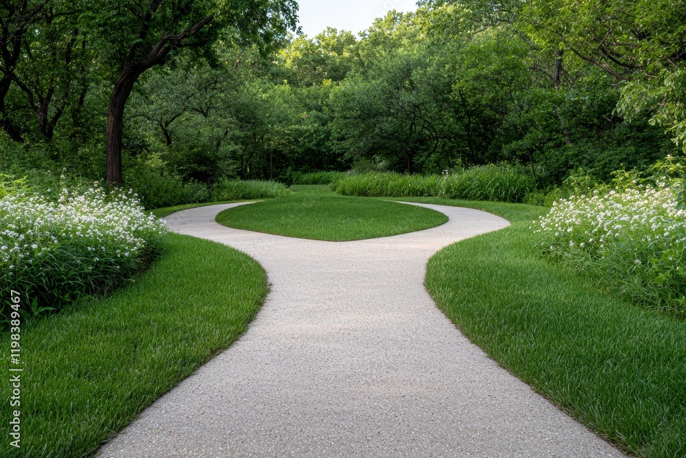 A tranquil garden path splits into two, offering a choice of directions. A tranquil garden path splits into two, offering a choice of directions.