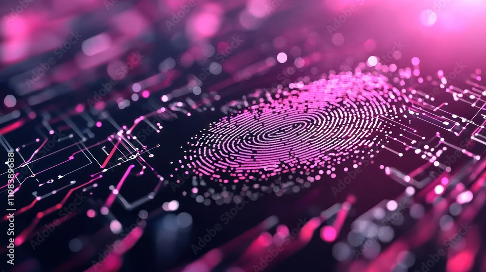 A vibrant digital fingerprint overlaid on a circuit-like design, blending technology and security in a visually striking manner. A vibrant digital fingerprint overlaid on a circuit-like design, blending technology and security in a visually striking manner.