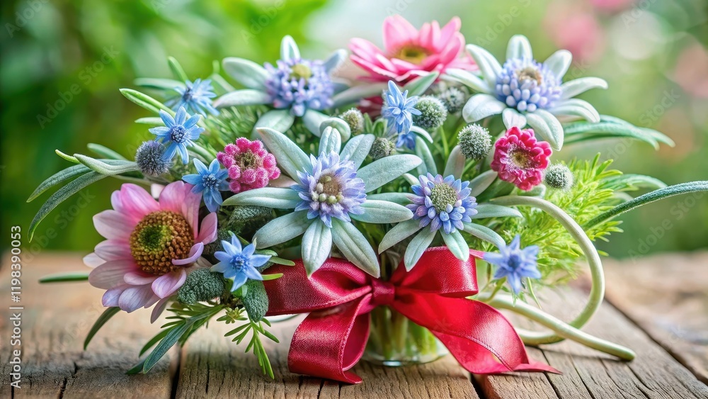 A delightful arrangement of various blossoms in vibrant hues, meticulously crafted with a charming crimson ribbon, rests elegantly on a rustic wooden surface. A delightful arrangement of various blossoms in vibrant hues, meticulously crafted with a charming crimson ribbon, rests elegantly on a rustic wooden surface.