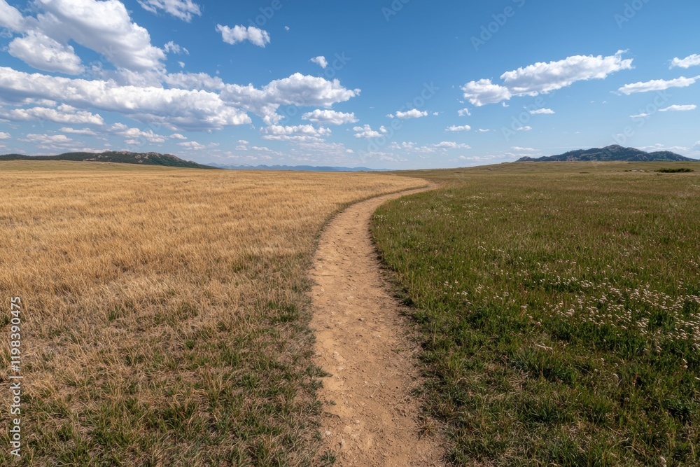 A dirt path winds through a grassy field under a bright blue sky A dirt path winds through a grassy field under a bright blue sky