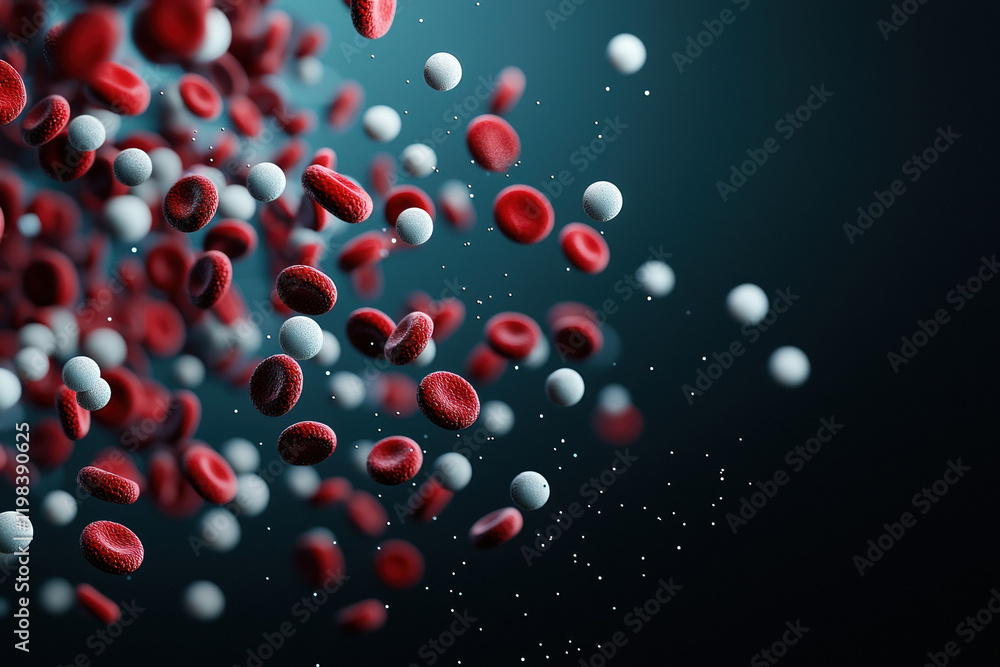 Visual representation of red and white blood cells in motion Visual representation of red and white blood cells in motion