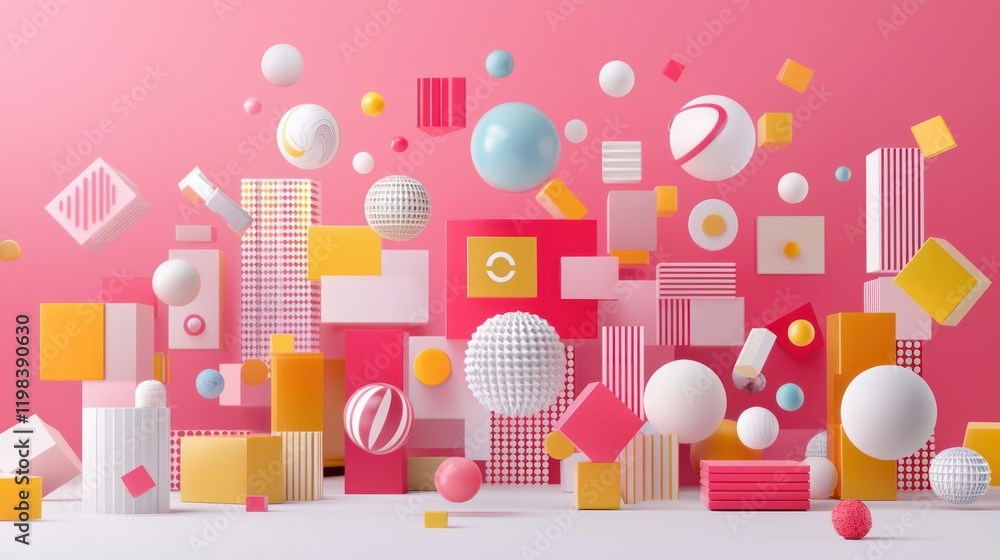 A vibrant arrangement of colorful geometric shapes and patterns against a pink background, creating a playful and modern aesthetic. A vibrant arrangement of colorful geometric shapes and patterns against a pink background, creating a playful and modern aesthetic.