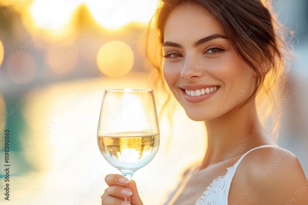 Cheerful Woman Enjoying a Glass of Wine at Sunset Cheerful Woman Enjoying a Glass of Wine at Sunset