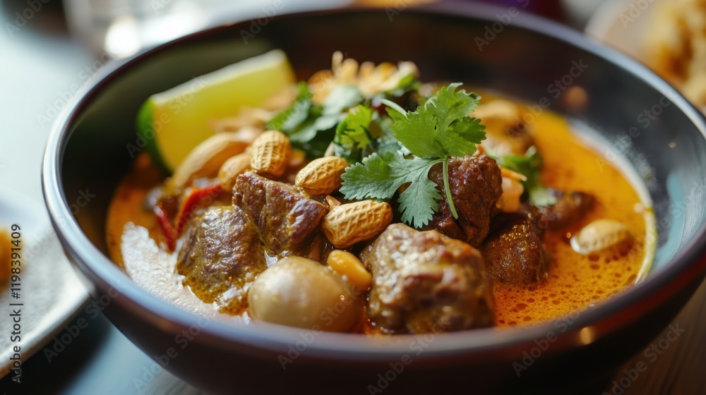 Beef Bourguignon with cashew nuts and cilantro. Traditional Thai Dish, Massaman Curry Beef Bourguignon with cashew nuts and cilantro. Traditional Thai Dish, Massaman Curry