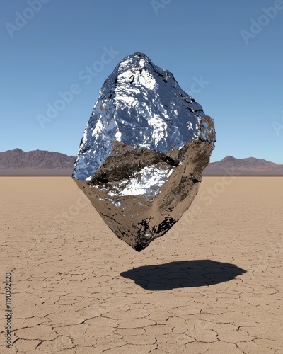 Metallic rock levitating in a desert landscape