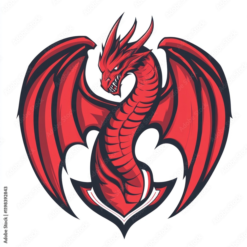 Red dragon with open wings, stylized design, on white background, fantasy art Red dragon with open wings, stylized design, on white background, fantasy art