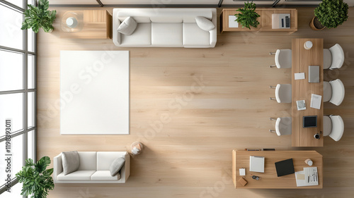 Modern living room and office layout with white furniture and wooden accents