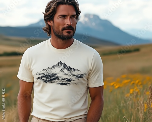 Man in cream t-shirt with mountain graphic, outdoors. photo