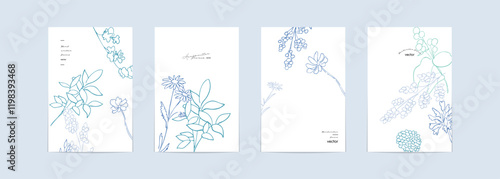 手書きの草木イラスト。線画の植物ベクターイラスト。草木の夏イメージポストカード。Hand drawn plant and tree illustration. Line drawing plant vector illustration. Summer image postcard of plants and trees.