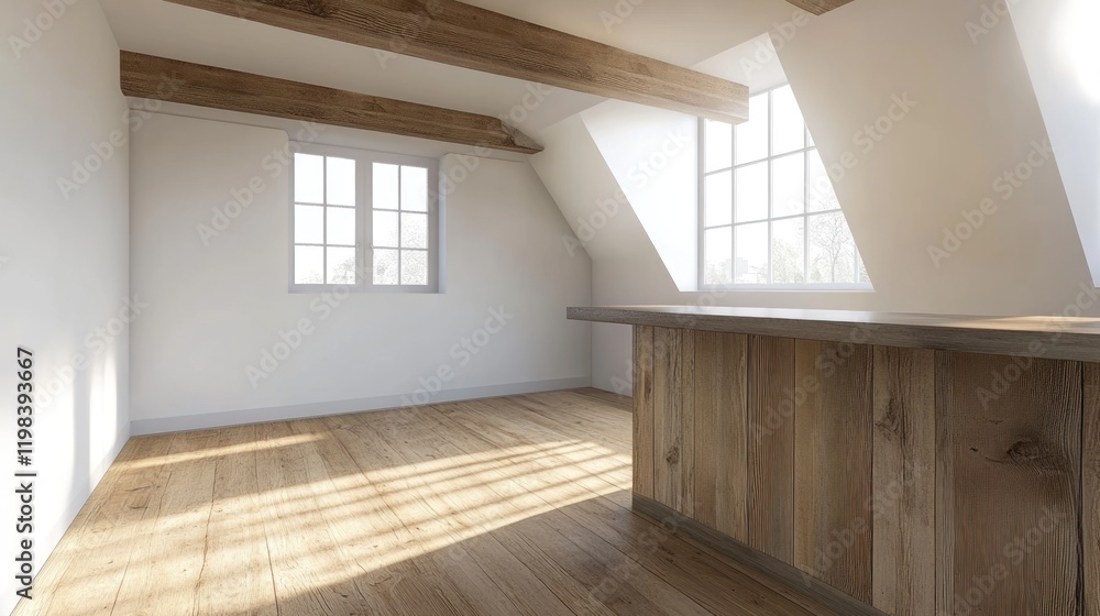 Fototapeta premium Sunlit Attic Room with Wooden Beams and Counter