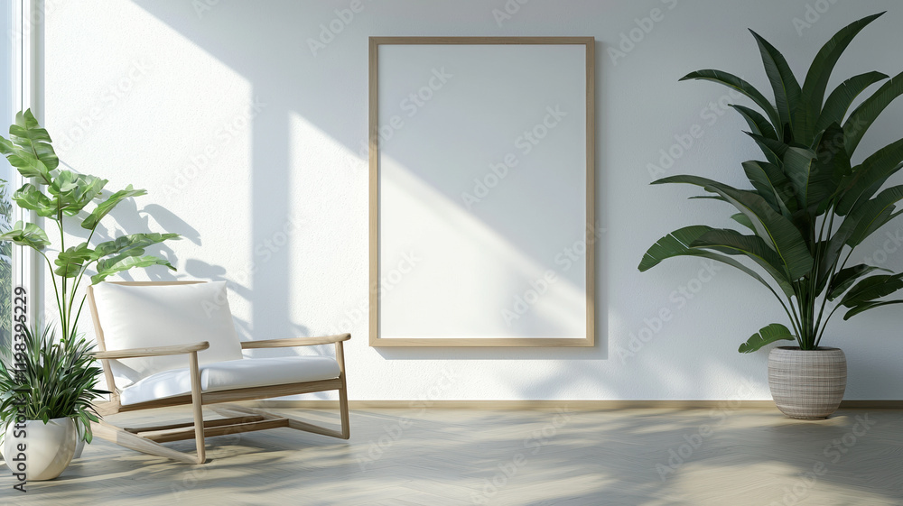 Minimalistic living room with large empty poster frame and plants Minimalistic living room with large empty poster frame and plants