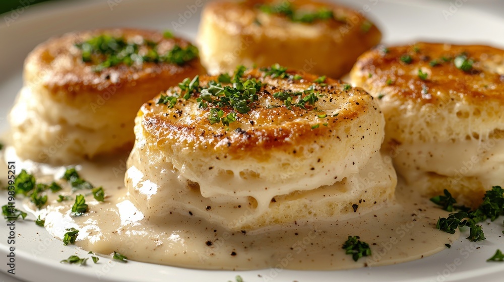 Gourmet biscuits with gravy high-end culinary delight fine dining restaurant elegant presentation food Gourmet biscuits with gravy high-end culinary delight fine dining restaurant elegant presentation food