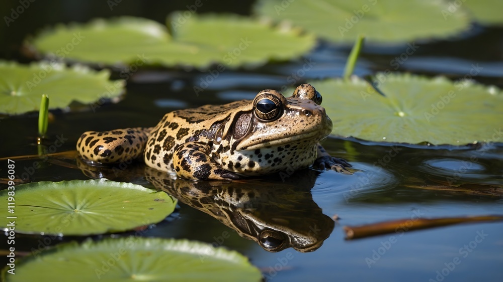 Gopher Frog Perched on a Lily Pad in a Peaceful Sunlit Marsh Gopher Frog Perched on a Lily Pad in a Peaceful Sunlit Marsh
