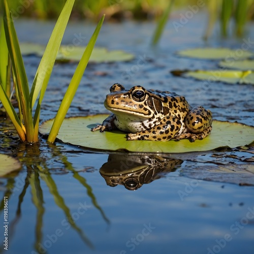 Sunlit Marsh with a Gopher Frog Resting on a Lily Pad photo