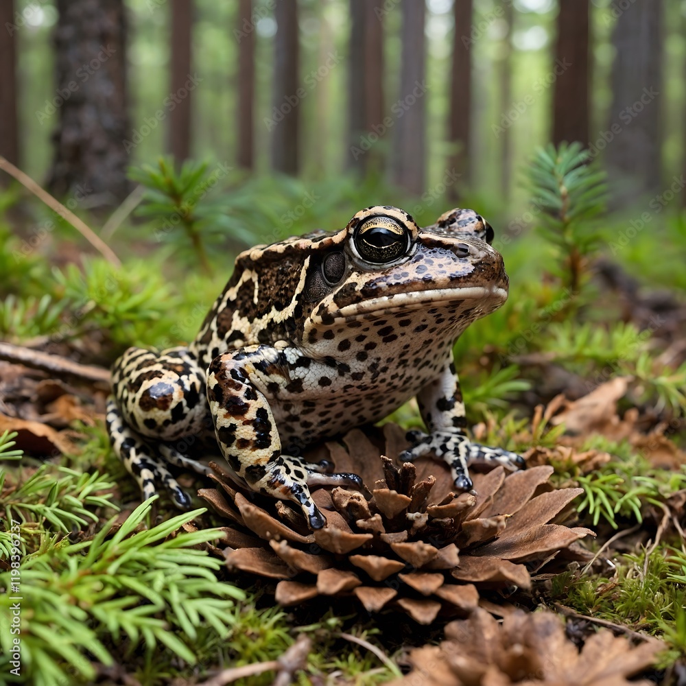 Obraz premium Gopher Frog Resting on a Pine cone in the Heart of a Pine Forest