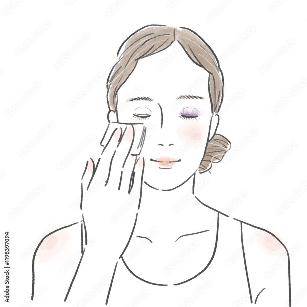 コットンでメイクオフする女性のイラスト