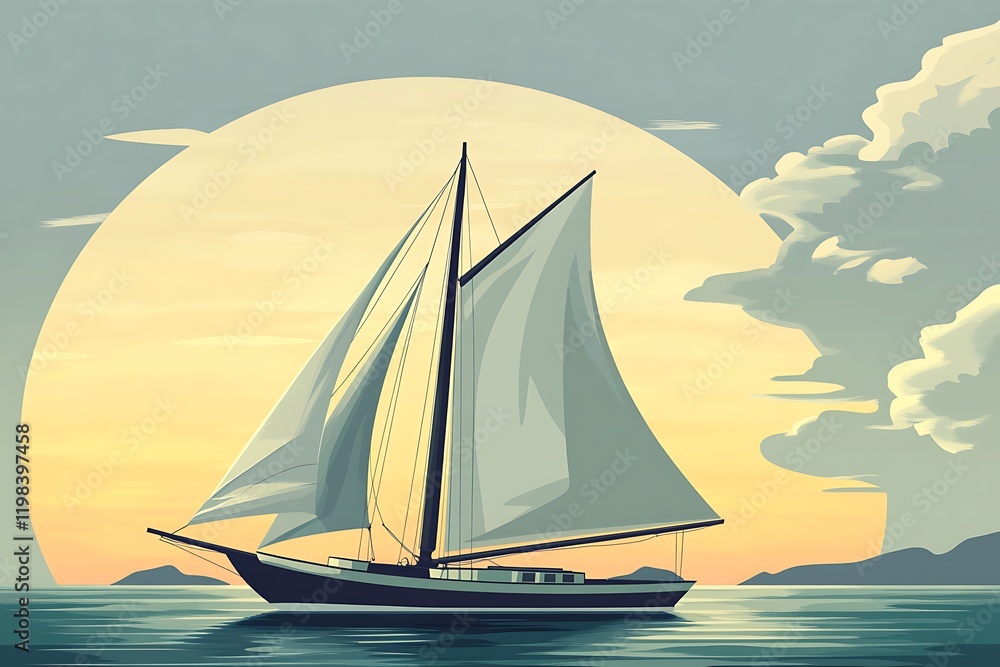 Fototapeta premium Classic Sailboat at Sunset, Large Moon & Coastal Silhouette