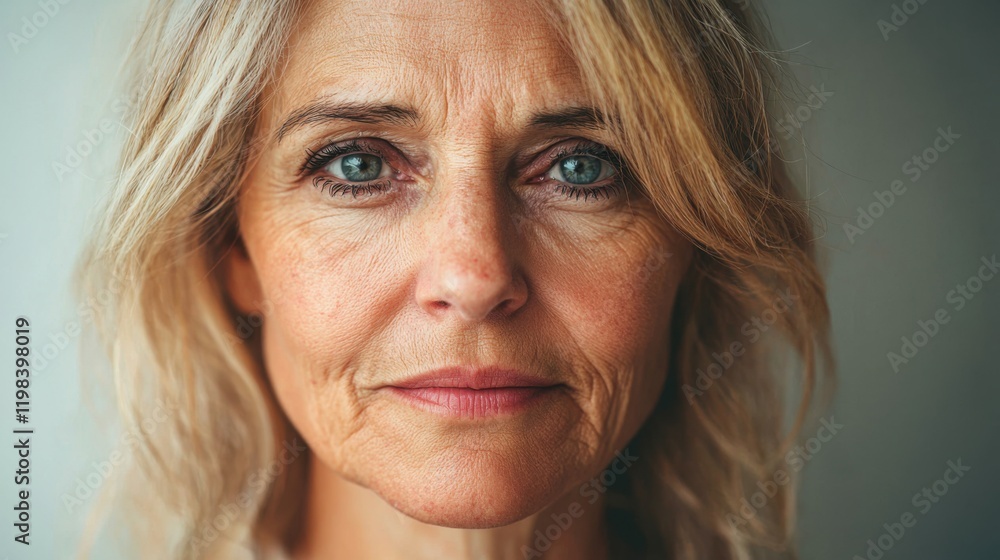 A close-up portrait of a mature woman with blonde hair and thoughtful expression. A close-up portrait of a mature woman with blonde hair and thoughtful expression.