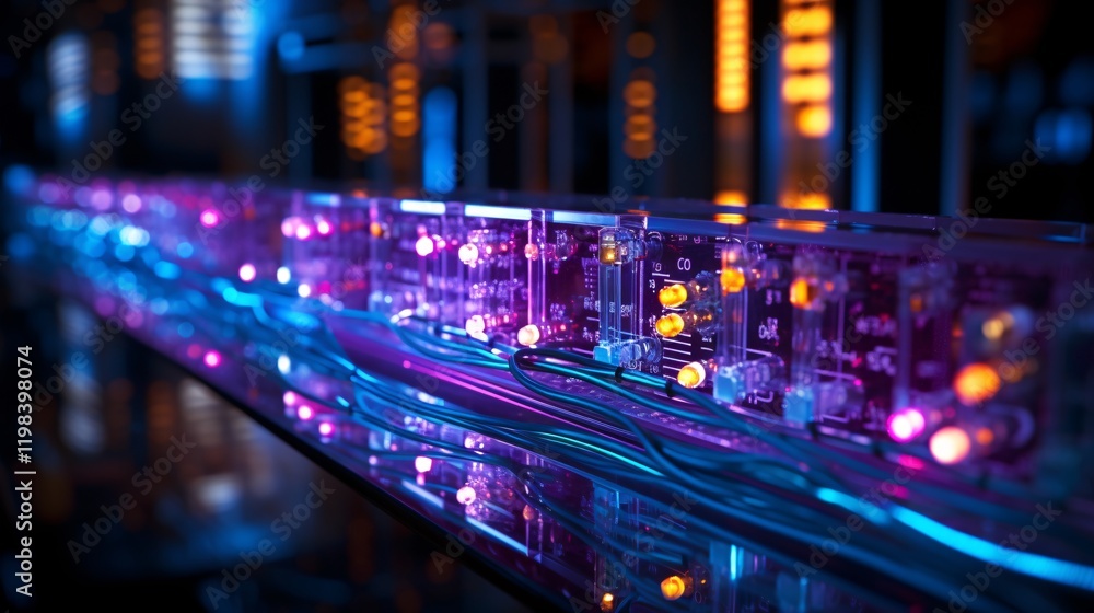 Close-up of a server's LED lights indicating active data processing Close-up of a server's LED lights indicating active data processing