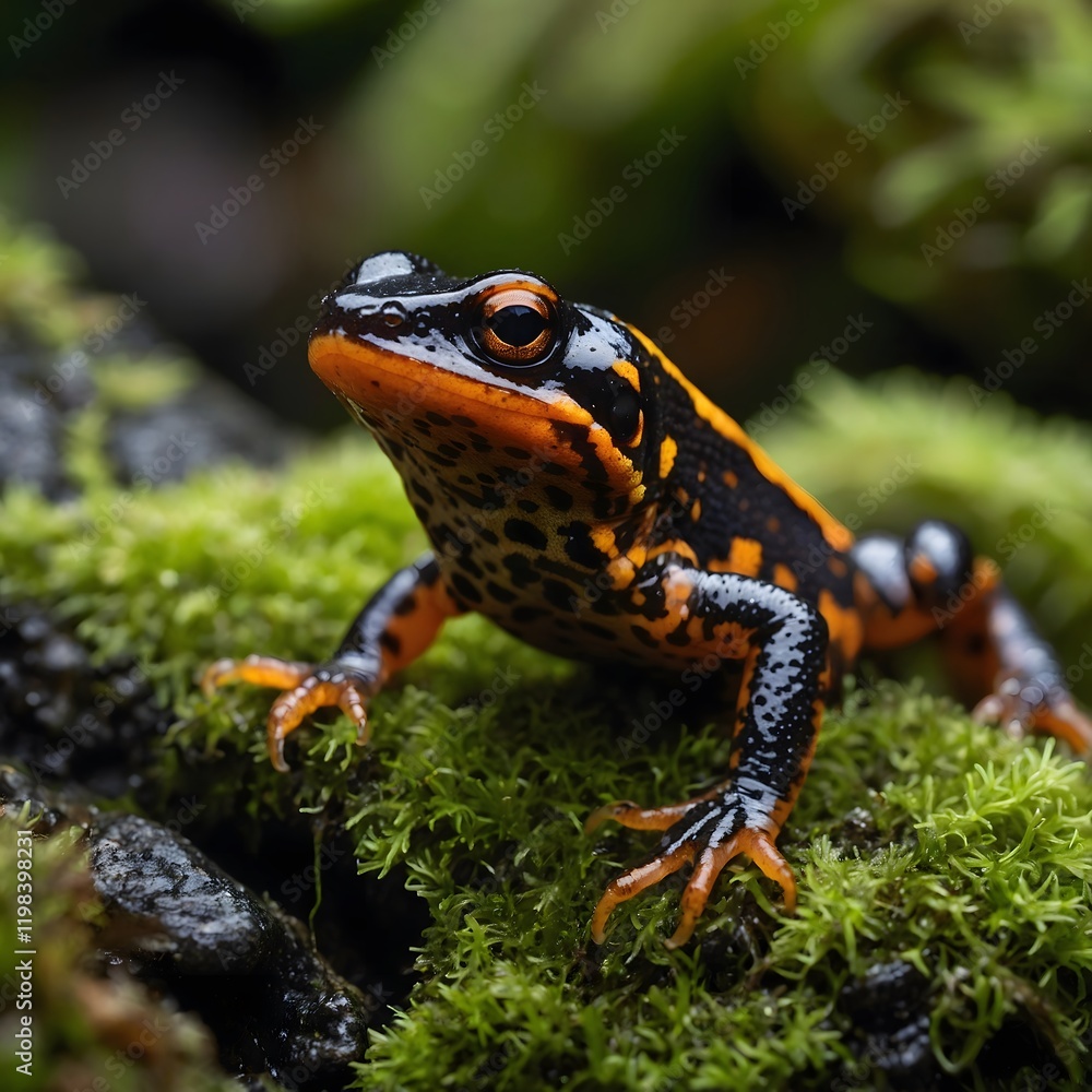 Intimate Close-Up of a Black-Spotted Newt on a Mossy Surface Intimate Close-Up of a Black-Spotted Newt on a Mossy Surface
