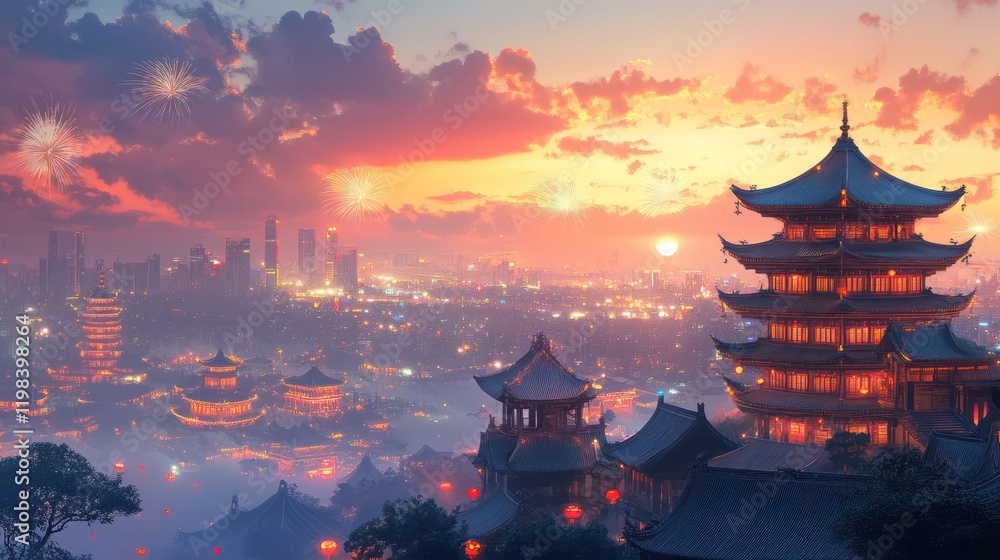 Obraz premium Illustration classical Chinese architecture, with city buildings in the distance, at night, In the distance are modern city lights. The festive atmosphere of the Spring Festival