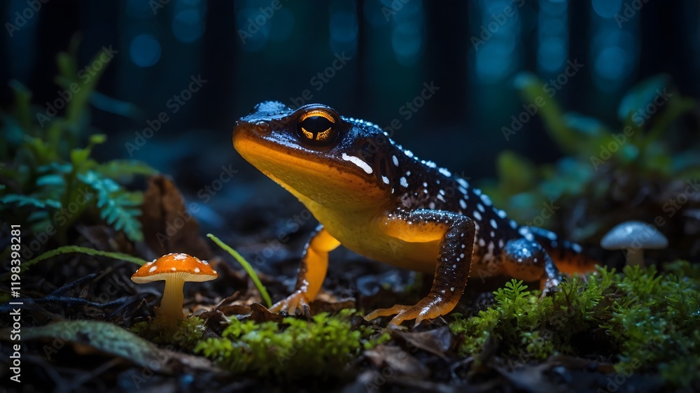 Moonlit Forest Scene with a Black-Spotted Newt Moonlit Forest Scene with a Black-Spotted Newt