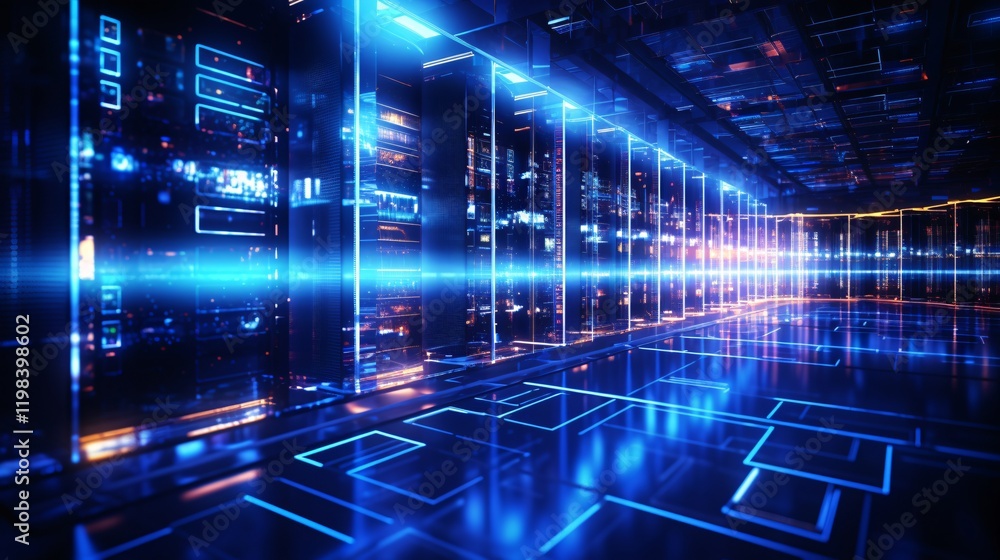 A close-up of server racks in a data center, glowing lights indicating active data processing A close-up of server racks in a data center, glowing lights indicating active data processing