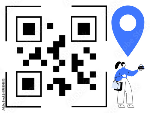 Large black QR code at center, blue location pin at upper right, woman with shopping bags at bottom right. Ideal for retail, digital payments, QR code scanning, navigation, location services