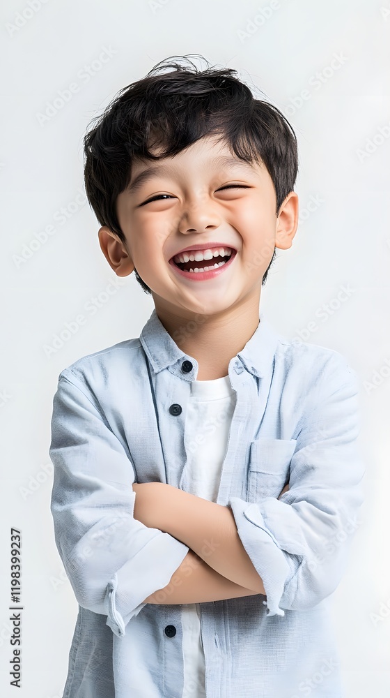 58. A young boy laughing and smiling with his arms crossed, on a white background 58. A young boy laughing and smiling with his arms crossed, on a white background