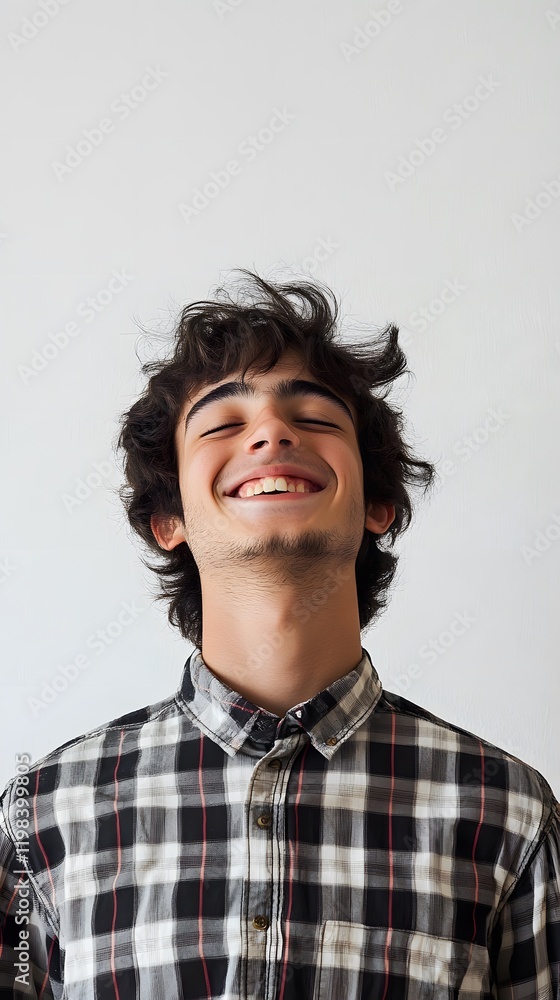 62. A boy grinning with joy, wearing a checkered shirt, against a white background 62. A boy grinning with joy, wearing a checkered shirt, against a white background