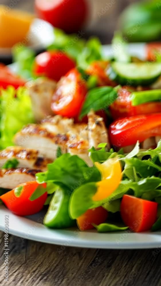 Fresh salad with grilled chicken, vibrant vegetables, and rich colors on a white plate Fresh salad with grilled chicken, vibrant vegetables, and rich colors on a white plate