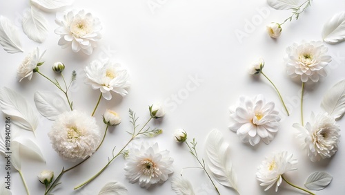 Serene arrangement of pristine white blossoms and delicate feathers on a bright backdrop