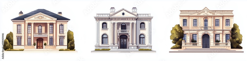 Three elegant, stylized mansion illustrations showcasing distinct architectural Neoclassical style houses icons designs. The first features a classic facade with a gabled roof. Three elegant, stylized mansion illustrations showcasing distinct architectural Neoclassical style houses icons designs. The first features a classic facade with a gabled roof.