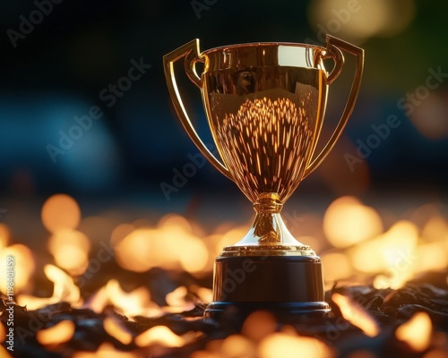 golden trophy high illuminated concept. Golden trophy shining against a backdrop of glowing embers. photo