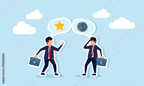Businessman discussing stars while another businessman looks confused by the explanation, illustration of struggling to understand a discussion on business quality improvement