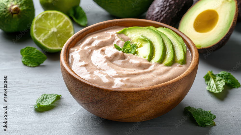 Creamy avocado smoothie in wooden bowl with mint leaves and lime Creamy avocado smoothie in wooden bowl with mint leaves and lime