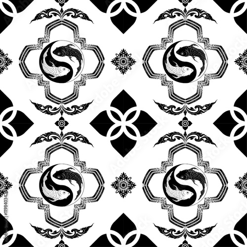 Intricate black and white pattern featuring yin yang symbols, floral motifs, and geometric shapes, creating harmonious and balanced design