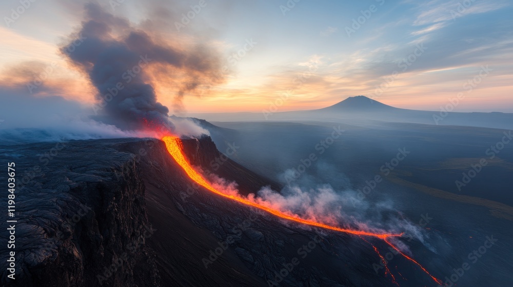 Fototapeta premium Volcanic eruption lava flow mountain landscape aerial natural disaster scenic view geophysical phenomenon