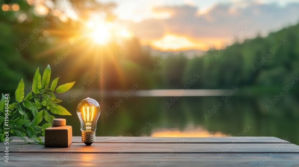 Fototapeta premium A tranquil scene featuring a light bulb and a small plant on a wooden surface, illuminated by a warm sunset over a serene lake.