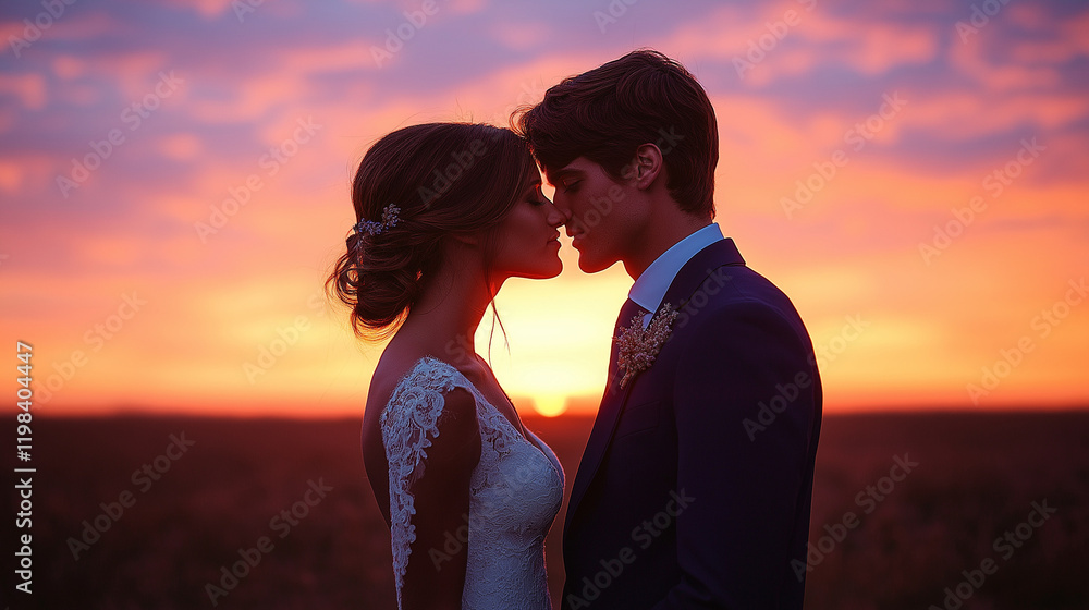 Silhouette of Wedding Couple in Love Kissing and Holding Hands During Sunset with Romantic Evening Sky Background
Silhouette of Wedding Couple in Love Kissing and Holding Hands During Sunset with Romantic Evening Sky Background