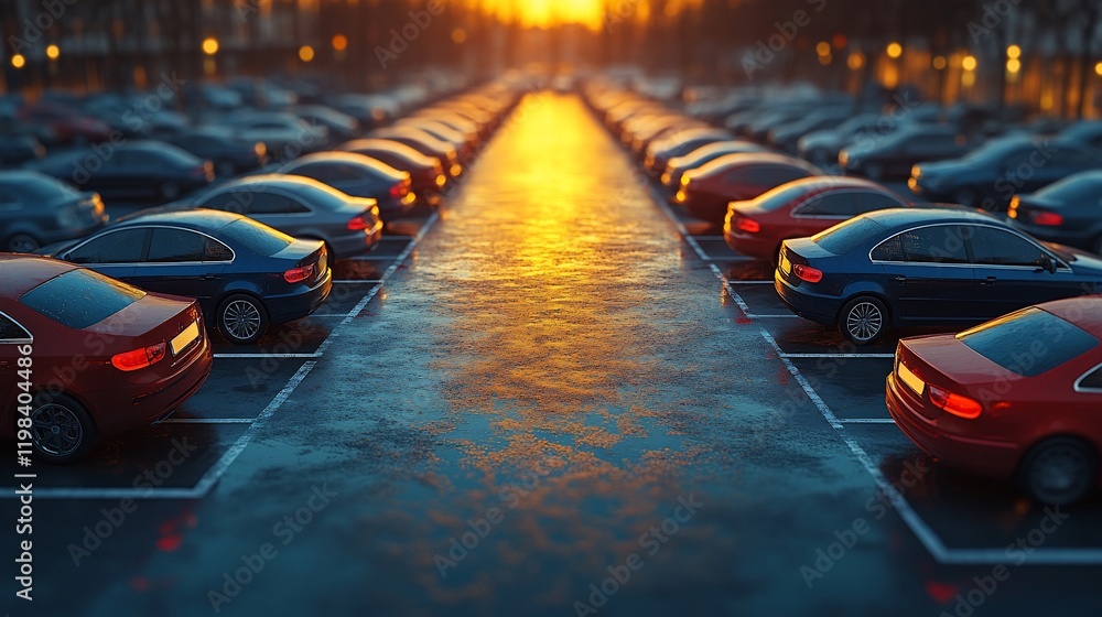 Fototapeta premium Sunset city cars park lot; rows vehicles; urban background