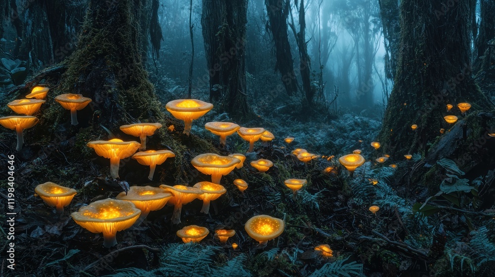 Glowing mushrooms illuminate a misty forest path. Glowing mushrooms illuminate a misty forest path.