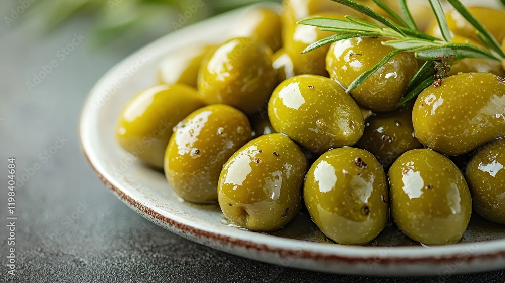 Green olives rosemary garnish plate closeup. Green olives rosemary garnish plate closeup.
