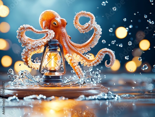 Octopus with Lantern in Water Splashes photo