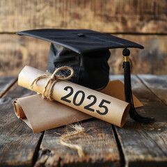 Stylized illustration of graduation cap and diploma on a wooden table celebrating the class of 2025 in a minimalistic design
